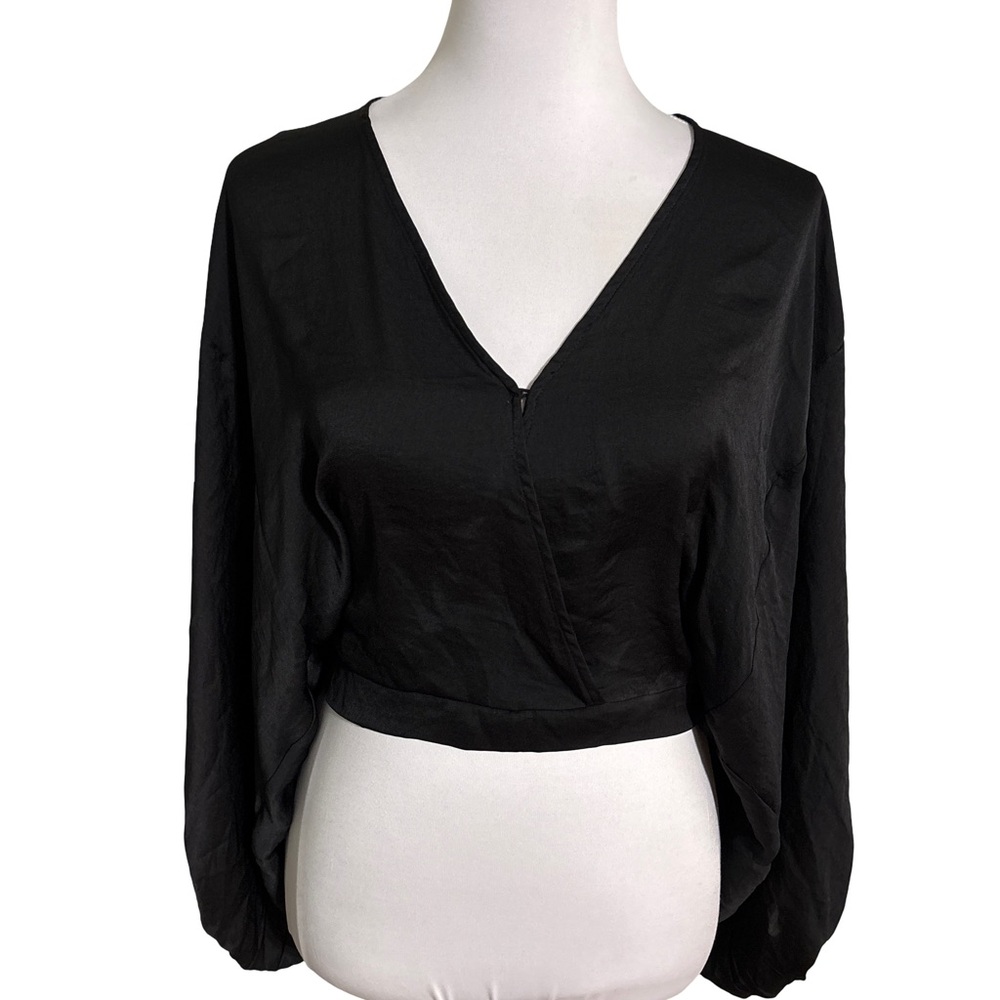 FAVLUX Black V Neck Crop Top Oversized Sleeves